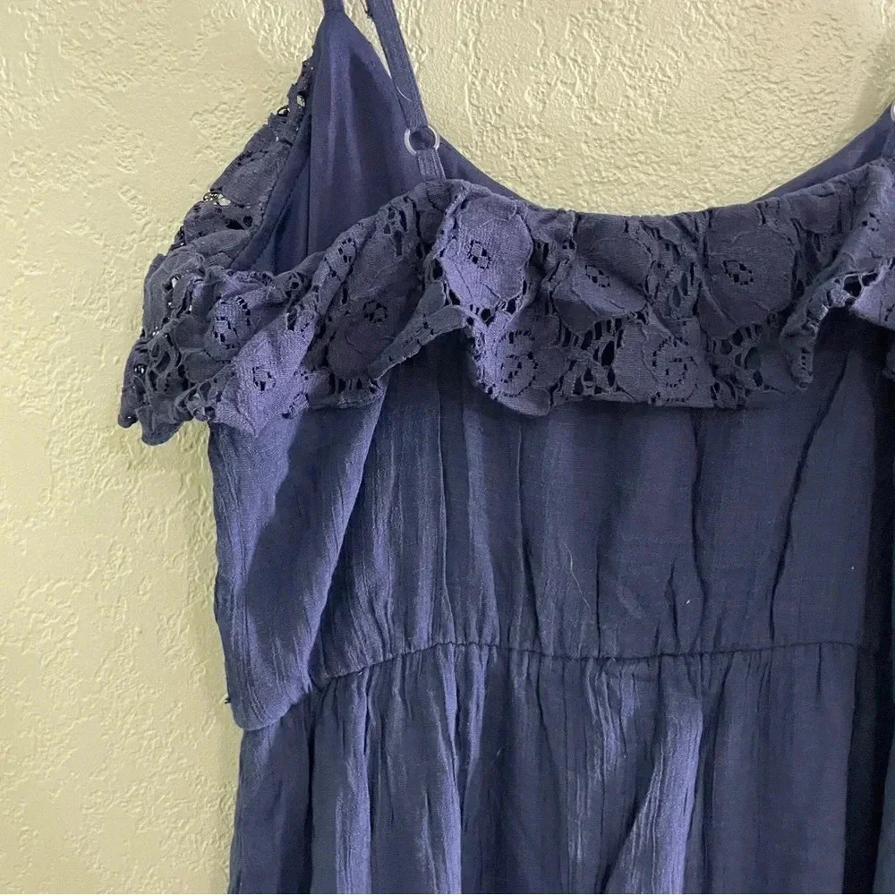 IZ Byer Maxi Dress Medium Lace Ruffle Navy Blue Lined Boho Cottage Sleeveless - Picture 10 of 11